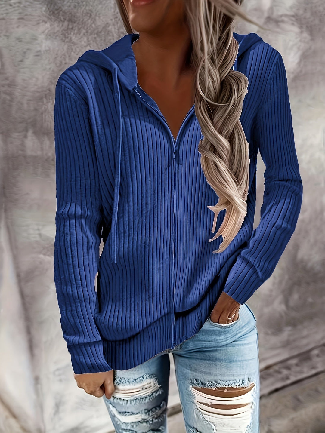 Bibigul - Loose Fit Long Sleeve Ribbed Hooded Cardigan