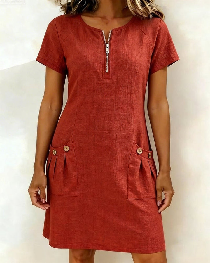 Krystan – Kurzärmeliges Utility Kleid Mit Reißverschluss Vorne