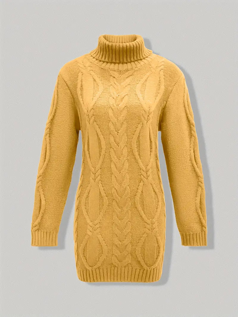 Narda - Klobig Kabel Gestrickt Rollkragen Kleid