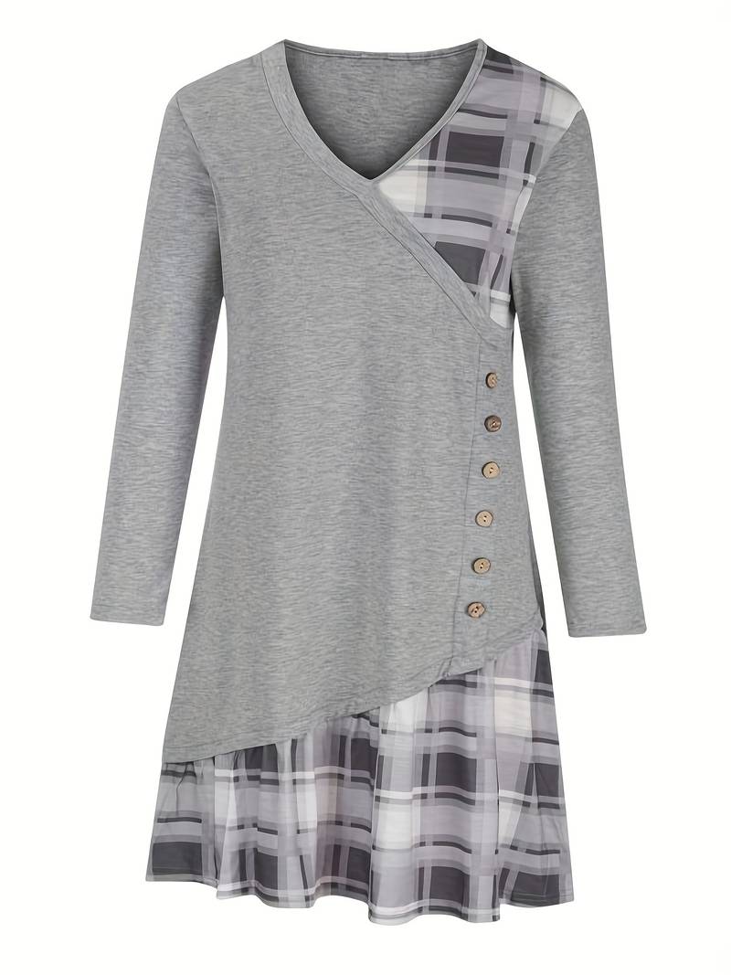 Alinor - Lässiges Kariertes Patchwork Kleid Mit Langen Ärmeln