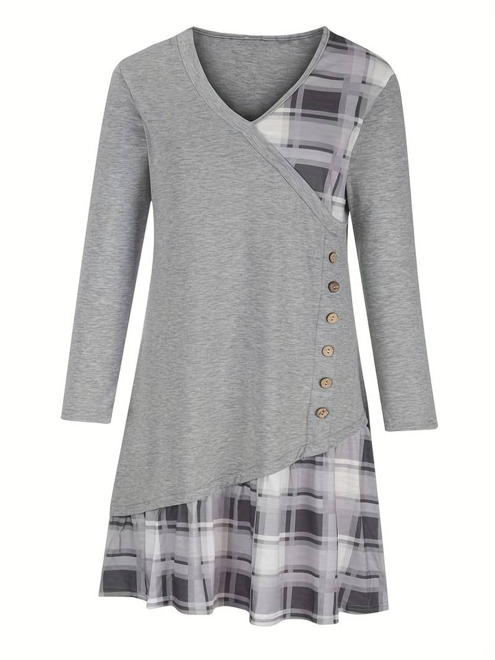 Alinor - Lässiges Kariertes Patchwork Kleid Mit Langen Ärmeln