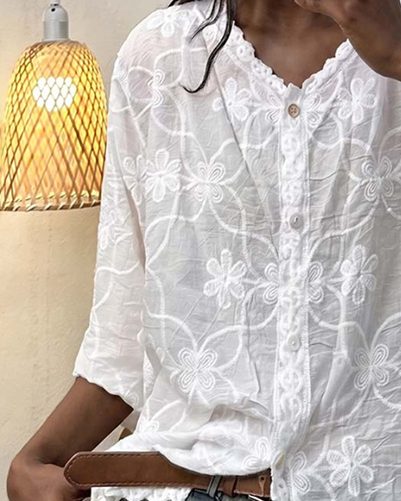 Guinwa – Spitzen Bluse Mit Dreiviertelärmeln