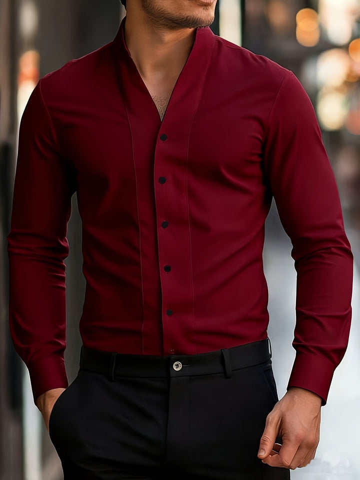 Almasbek - Langärmliges Hemd Mit V-Ausschnitt in Slim Fit Passform