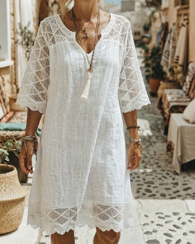 Kilina – Patchwork-Kleid Mit V-Ausschnitt Und Spitze