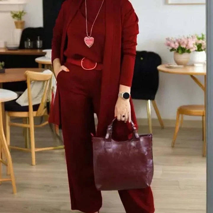 Zivara - Elegantes 3-Teiliges Set Mit Langem Cardigan Oberteil Und Hose