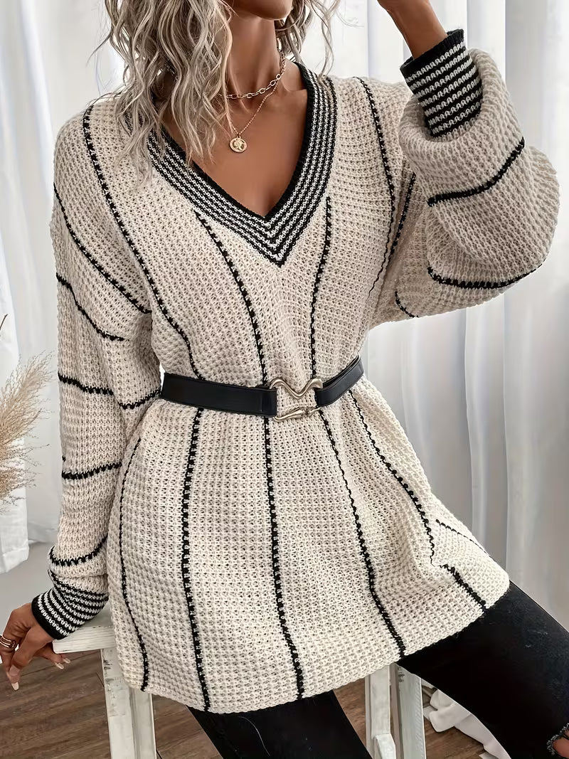 Lykke – Gestreifter Übergröße Pullover Mit V-Ausschnitt