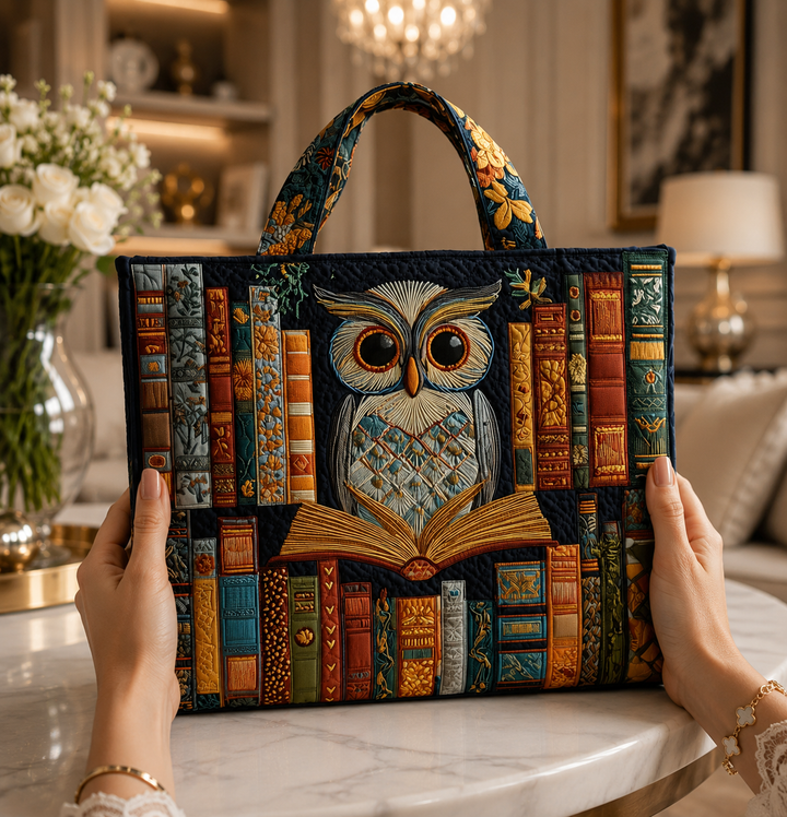 Tyliana – Gesteppte Tragetasche mit gestickter Eule und Bibliotheksmotiv
