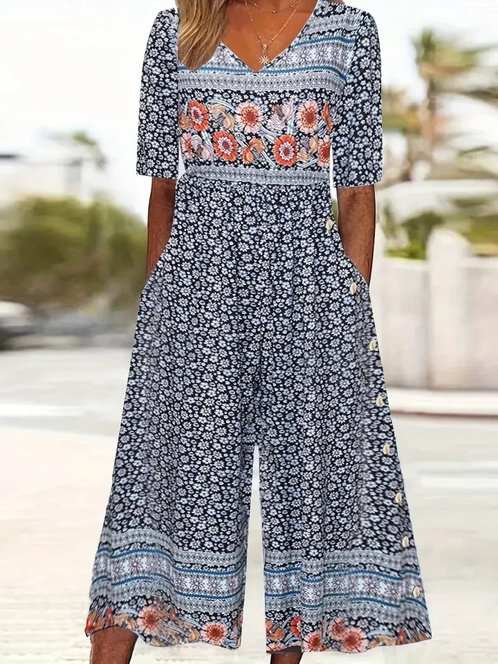 Nerina – Vintage Jumpsuit Im Boho Stil Mit Blumen Drucken