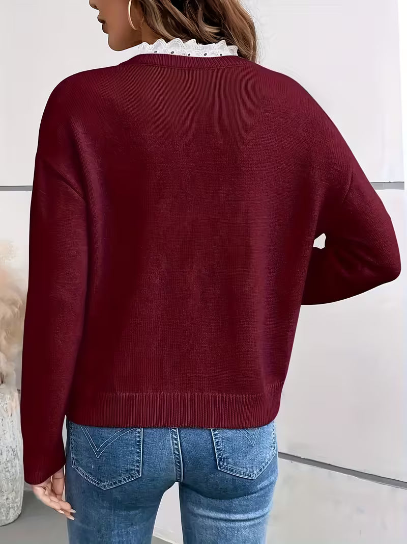 Kimbra – Stilvoller Pullover Mit V-Ausschnitt Und Spitzenbesatz