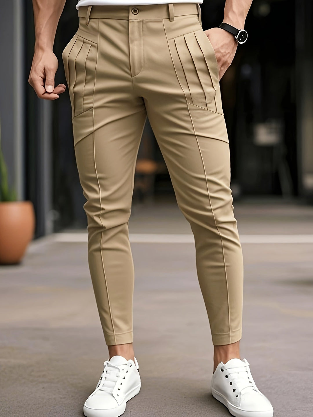 Alexey - Lässige Schlanke Passform Hose Mit Bundfalten Und Schräg Eingesetzten Taschen