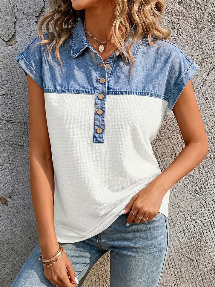Haily - Lässiges Denim-Oberteil mit Patchwork-Kragen und kurzen Ärmeln