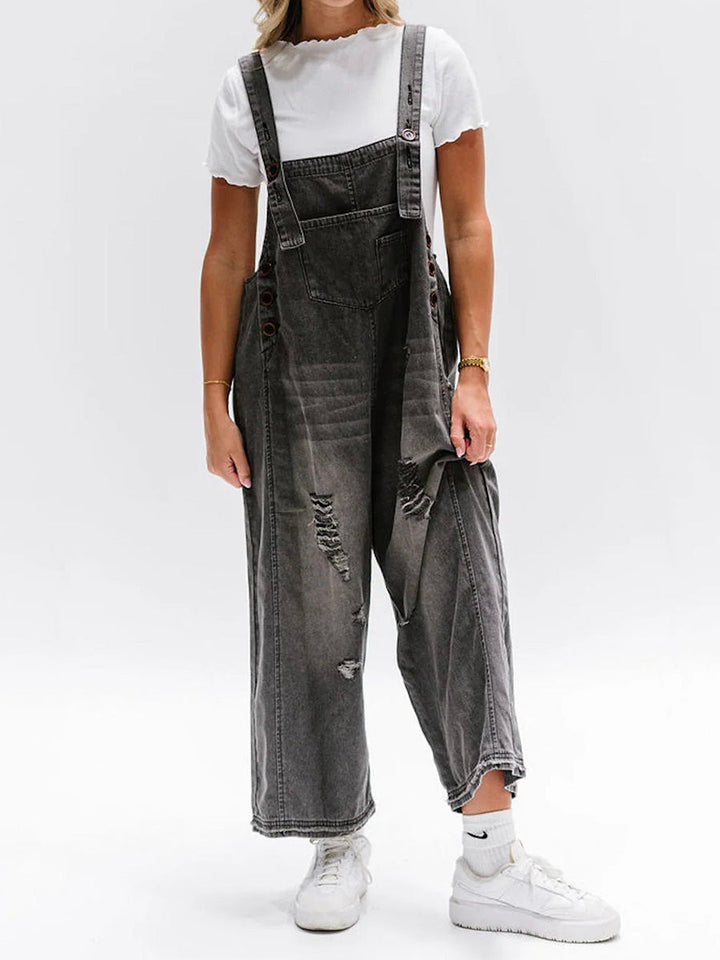 Clarice - Lose Passform Distressed Denim Latzhose