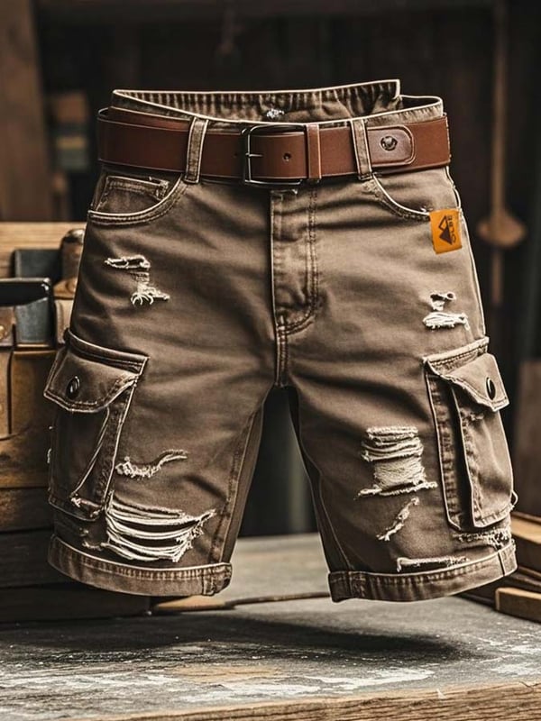 Herren Vintage Outdoor Funktions-Shorts aus zerrissenem Denim