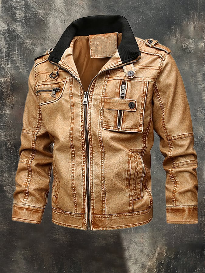 Ricky – Vintage Leder Jacke Für Draußen Mit Mehreren Taschen