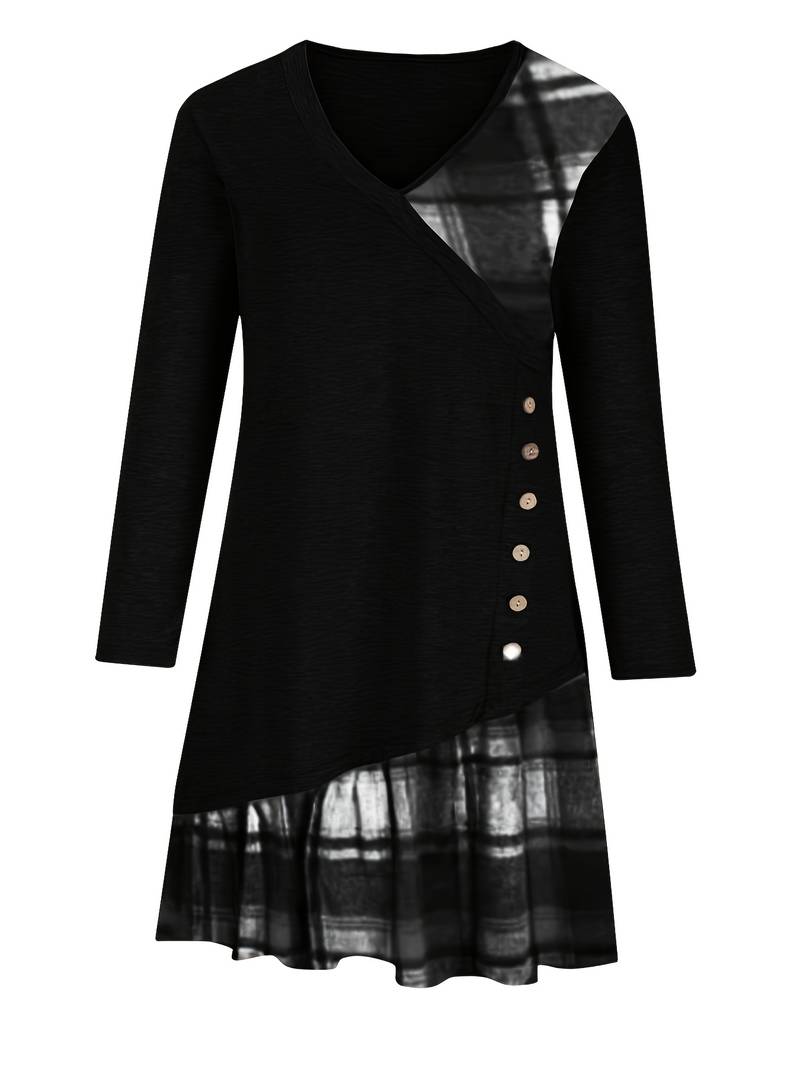 Alinor - Lässiges Kariertes Patchwork Kleid Mit Langen Ärmeln