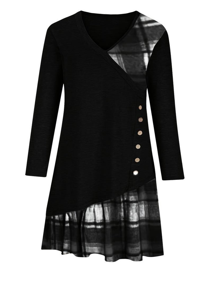 Alinor - Lässiges Kariertes Patchwork Kleid Mit Langen Ärmeln