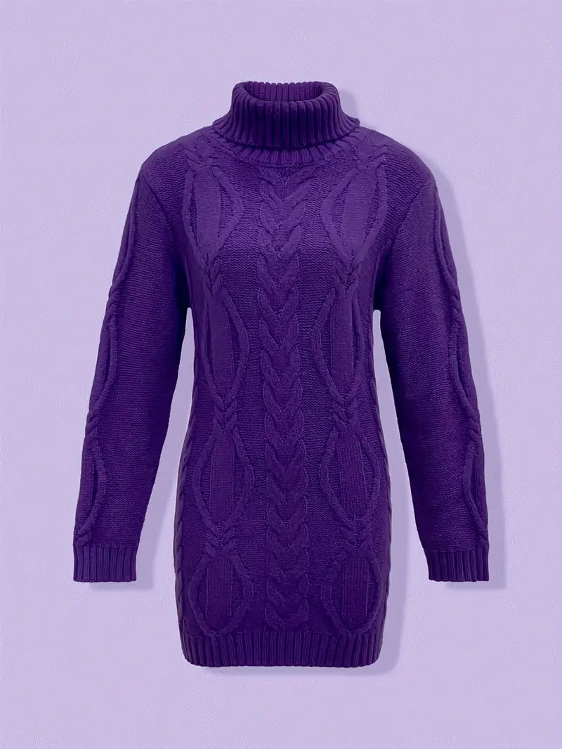 Narda - Klobig Kabel Gestrickt Rollkragen Kleid