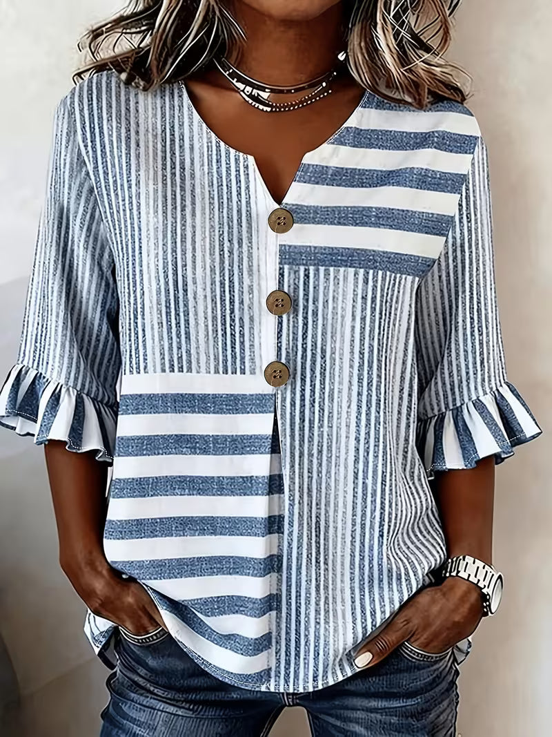 Avyra – Gestreiftes Patchwork-Oberteil mit Rüschenärmeln und Knöpfen