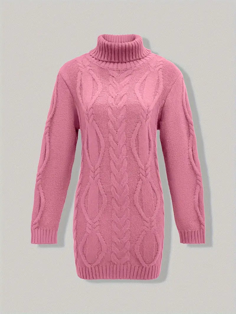 Narda - Klobig Kabel Gestrickt Rollkragen Kleid