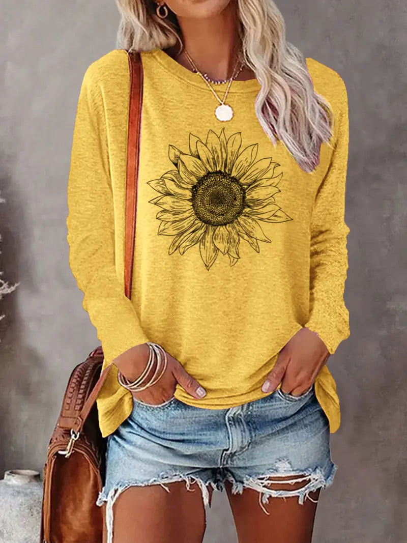 Levine – Elegantes Langarm Tunika Oberteil Mit Sonnenblumen Drucken