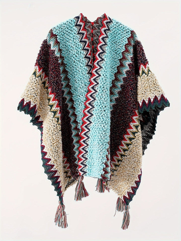 Briana - Tassel Striped Blanket Cape Travel Jacket