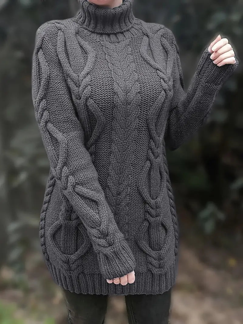 Narda - Klobig Kabel Gestrickt Rollkragen Kleid