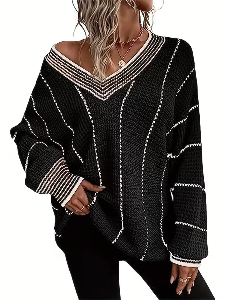 Lykke – Gestreifter Übergröße Pullover Mit V-Ausschnitt