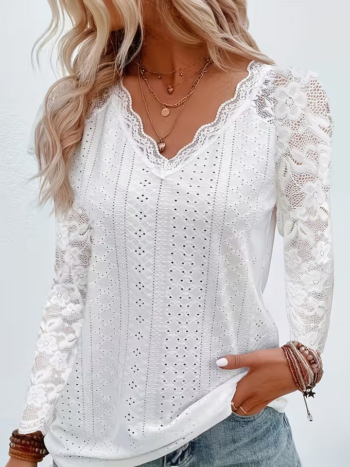 Shaleva - Stylisches Langarm Shirt Mit Spitzen V-Ausschnitt