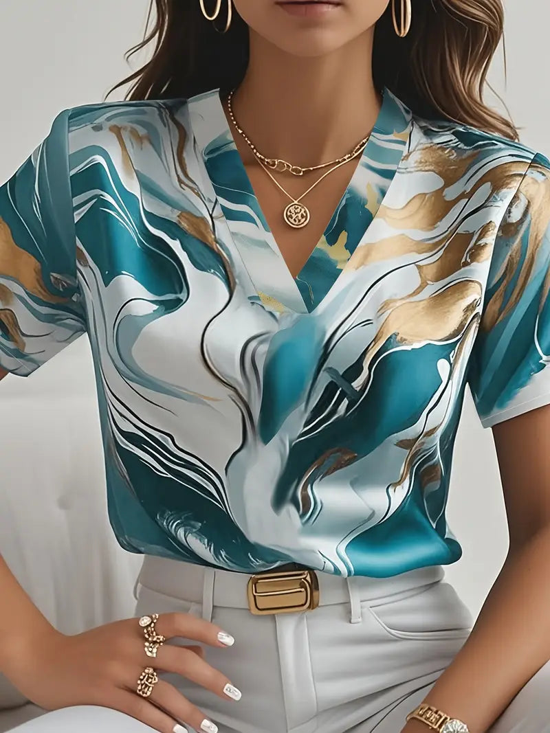 Maroula - Elegantes Hemd Mit Marmorprint Und Kurzen Ärmeln