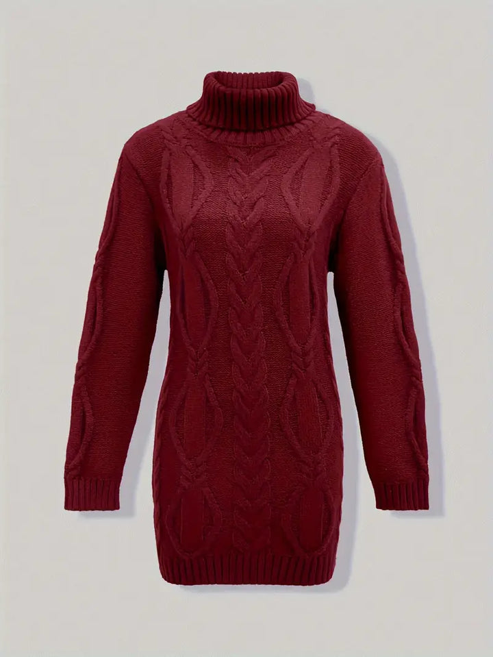 Narda - Klobig Kabel Gestrickt Rollkragen Kleid