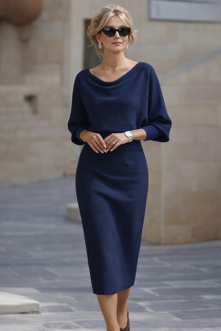Amyy - Elegantes Midi Kleid Mit Langen Ärmeln