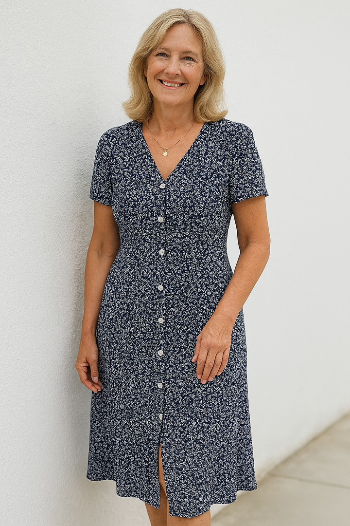 Rayella – Midikleid Mit V-Ausschnitt Und Knopfleiste