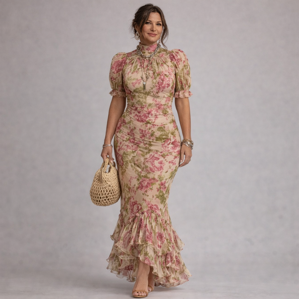 Erikka – Chiffon Kleid Mit Blumenmuster Und Rüschen Am Saum