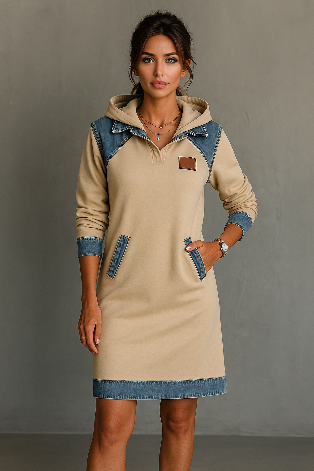 Viktoria – Lässiges Kleid Mit Kapuze und Denim Einsätzen