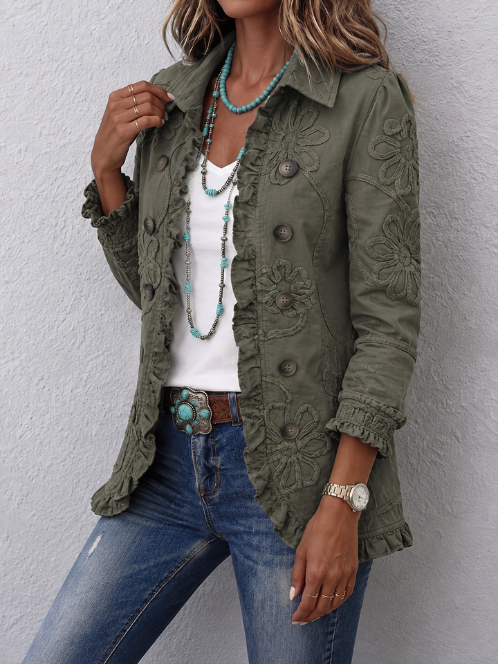 Eloria - Floral Embroidered Button-Front Ruffle Hem Jacket