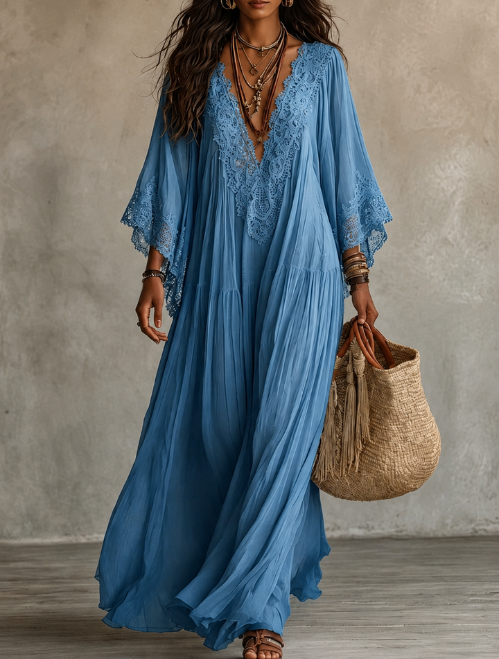 Ainura - Langes Kleid Aus Elfenbeinfarbenem Chiffon Und Spitze