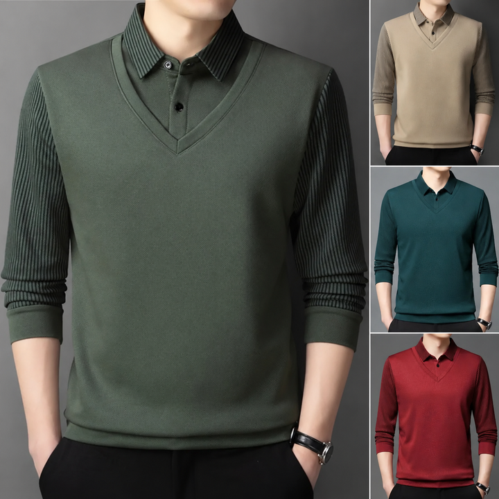 Pedroo - Pullover Mit Gestreiften Ärmeln Und Geknöpftem Hemd Kragen