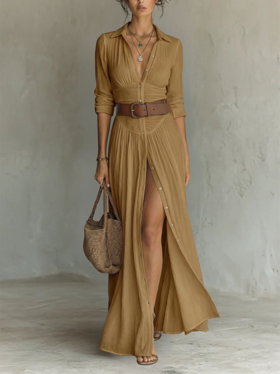 Sewmini - Leinen Maxikleid Mit Reverskragen