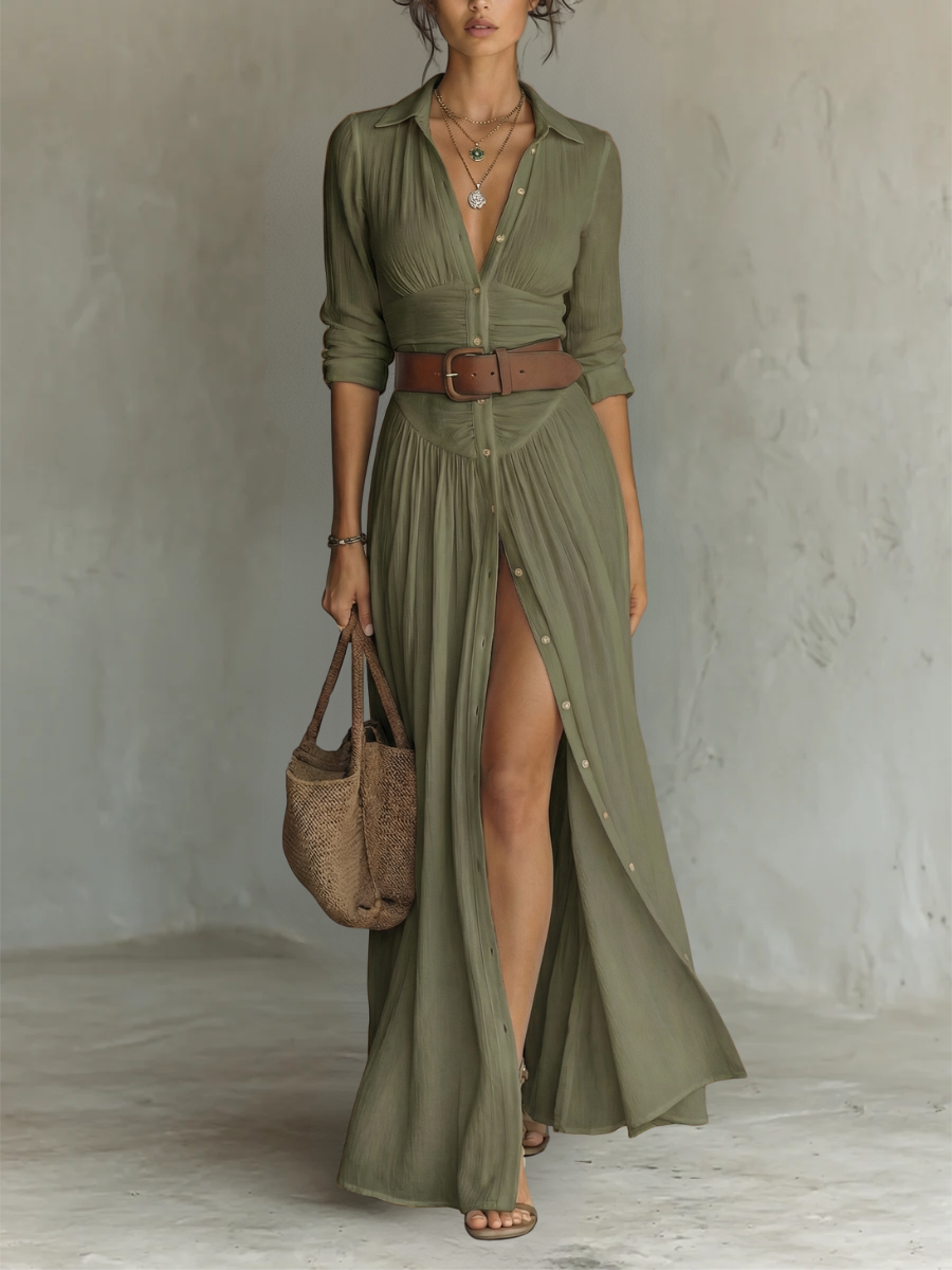Sewmini - Leinen Maxikleid Mit Reverskragen