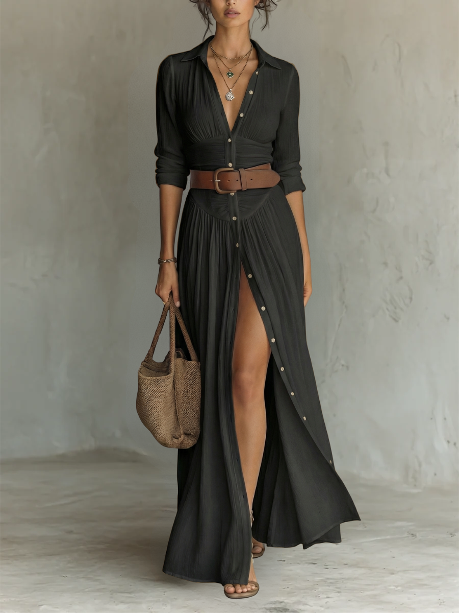 Sewmini - Leinen Maxikleid Mit Reverskragen