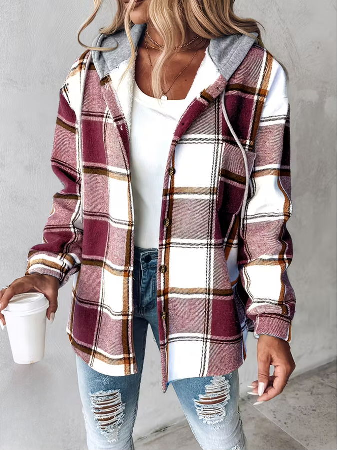 Liene – Karierte Hemd Jacke Mit Kapuze Und Knöpfen