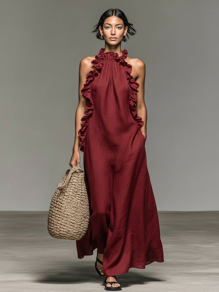 Fiora – Ärmelloses, langes Kleid mit Rüschen, Neckholder-Ausschnitt und Taschen