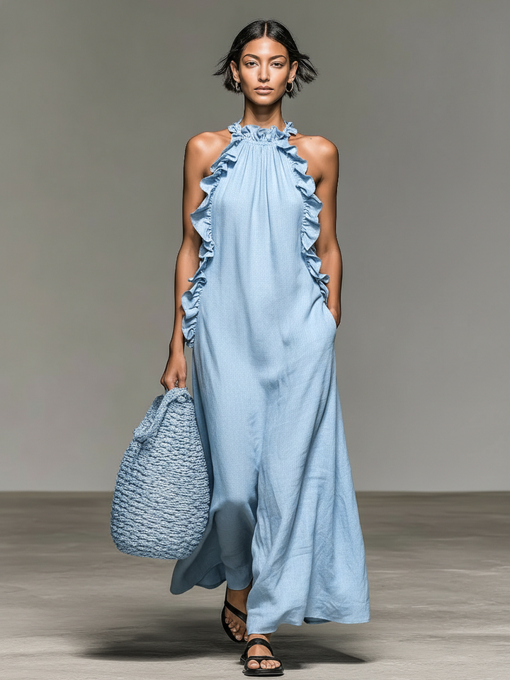 Fiora – Ärmelloses, langes Kleid mit Rüschen, Neckholder-Ausschnitt und Taschen