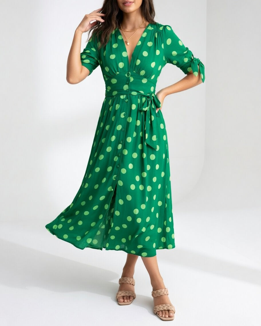 Fabienne - Elegantes Midi Kleid Mit Polka Dot Muster