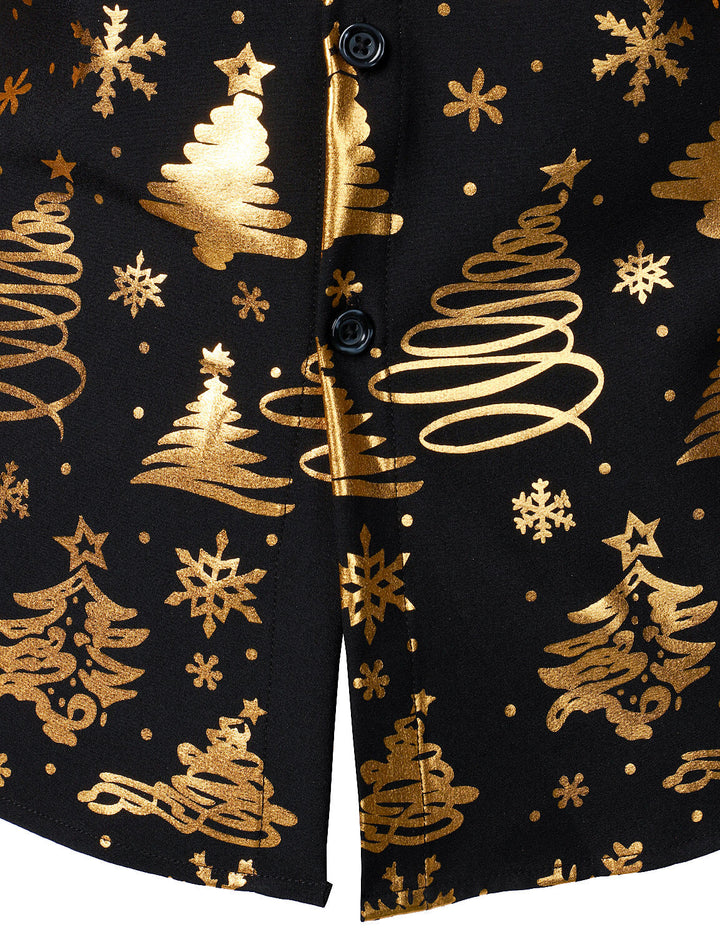 Nalcolm – Herrenhemd mit goldenem Weihnachtsmotiv  Schwarz Langärmelig