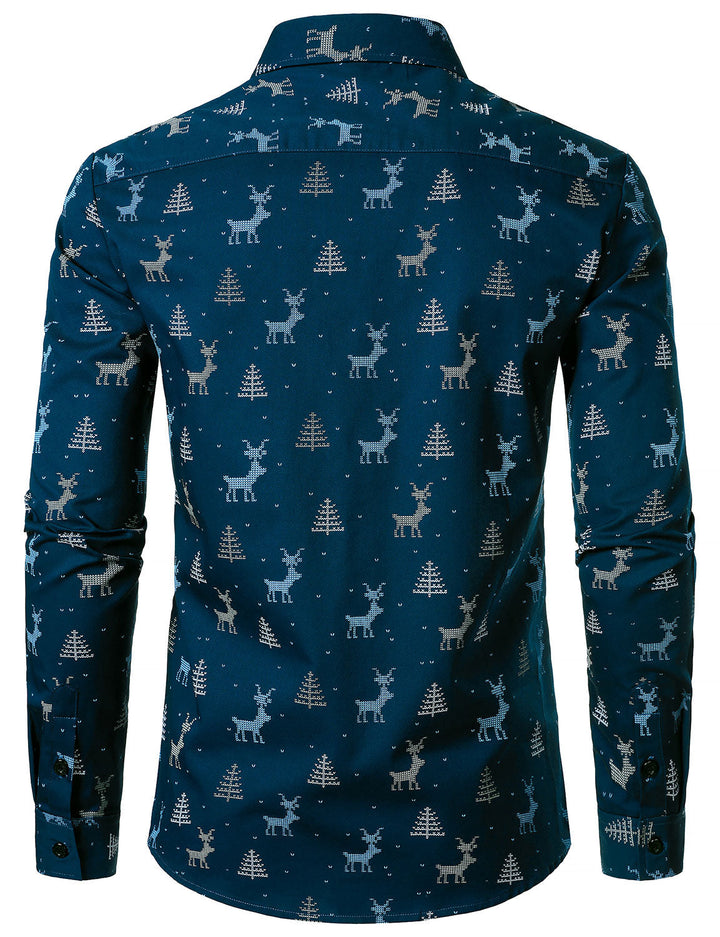 Rowan – Herren Weihnachtsbaum-Elch Print  atmungsaktives, Marineblaues Langarmhemd