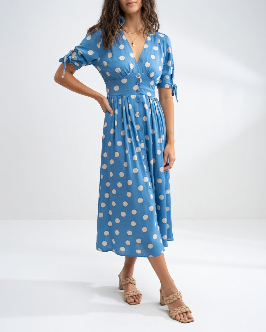 Fabienne - Elegantes Midi Kleid Mit Polka Dot Muster