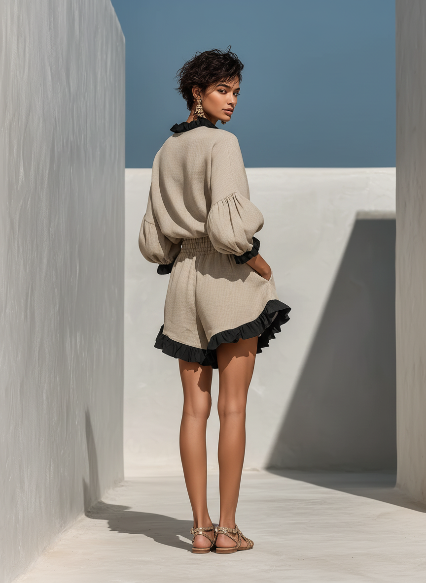 Simi – Bluse Und Kurzhosen Mit Rüschenbesatz Aus Leinen
