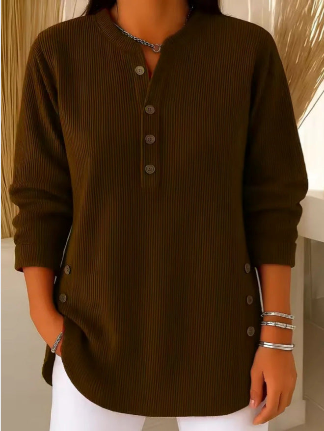 Eshani - Lässiges Geripptes Langarm Henley Oberteil Mit Knopfleiste
