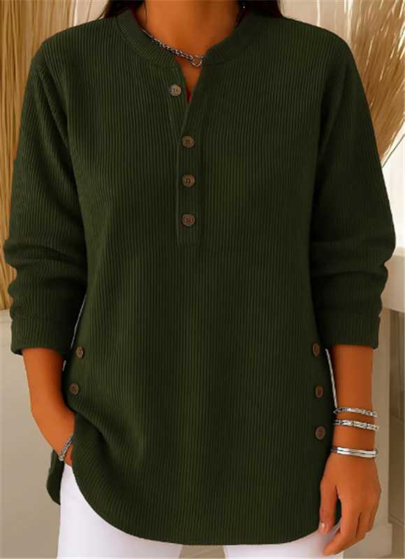 Eshani - Lässiges Geripptes Langarm Henley Oberteil Mit Knopfleiste